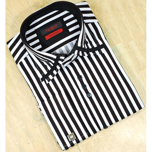 Axxess Black / White Striped With Triple Layered Collar 100% Cotton Dress Shirt